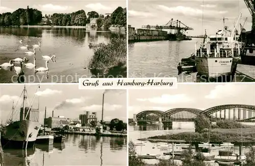 AK / Ansichtskarte Harburg_Hamburg Aussenmuehlenteich Schwaene Hafen Elbbruecke Harburg Hamburg