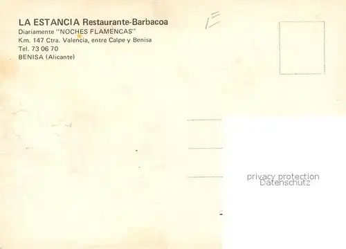 AK / Ansichtskarte Benisa_Alicante La Estancia Restaurant Barbacoa Flamenco T?nzer Benisa Alicante