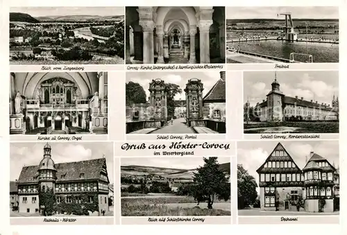 AK / Ansichtskarte Corvey Panorama Blick vom Ziegenberg Kirche Orgel Schloss Portal Dechanei Freibad Corvey