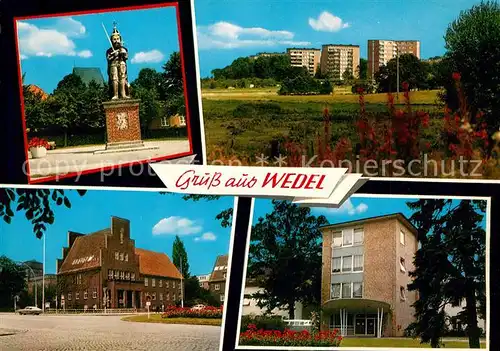 AK / Ansichtskarte Wedel_Pinneberg Roland Statue Wahrzeichen Wohnsiedlung Hochhaeuser Rathaus Wedel Pinneberg