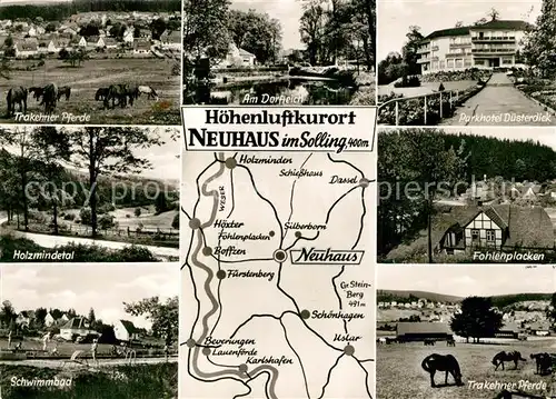 AK / Ansichtskarte Neuhaus_Solling Trakehner Pferde Holzmindetal Schwimmbad Dorfteich Parkhotel Duesterdiek Fohlenplacken Landkarte Neuhaus Solling