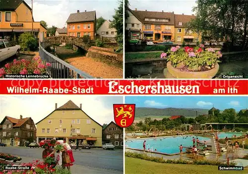 AK / Ansichtskarte Eschershausen_Holzminden Wilhelm Raabe Stadt Historische Lennebruecke Raabestrasse Schwimmbad Ortsmotiv Eschershausen Holzminden