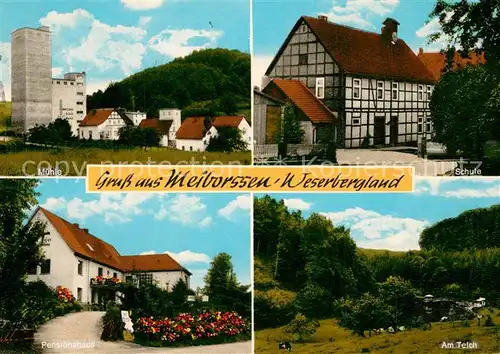 AK / Ansichtskarte Meiborssen Muehle Schule Pensionshaus Partie am Teich Meiborssen