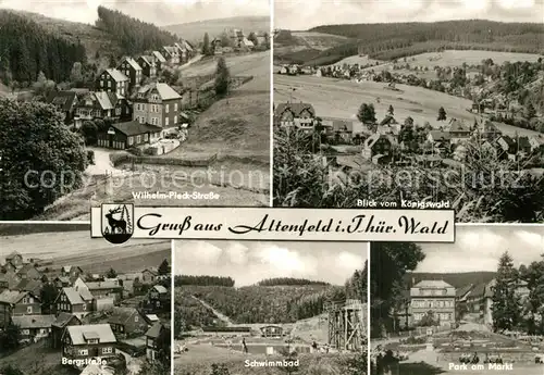 AK / Ansichtskarte Altenfeld_Thueringen Wilhelm Pieck Strasse Bergstrasse Schwimmbad Park am Markt Blick vom Koenigswald Altenfeld Thueringen