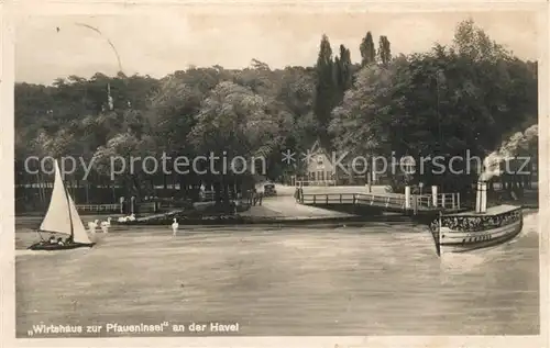 AK / Ansichtskarte Wannsee Wirtshaus zur Pfaueninsel Segelboot Ausflugsdampfer Kuenstlerkarte Wannsee