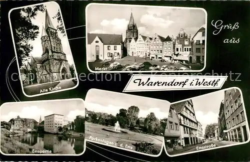 AK / Ansichtskarte Warendorf Alte Kirche Markt Emspartie Parkanlagen Emsstrasse Warendorf