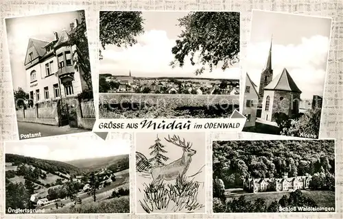 AK / Ansichtskarte Mudau Postamt Kirche Schloss Waldleiningen Landschaftspanorama uenglertsgrund Mudau