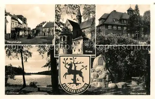 AK / Ansichtskarte Lehnin Hauptstrasse Kirche Schule Alexisdenkmal Gohlitzsee Wappen Lehnin