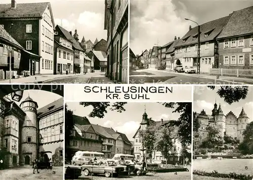 AK / Ansichtskarte Schleusingen Bahnhofstrasse Schlo?strasse Schloss Bertholdsburg Marktplatz  Schleusingen