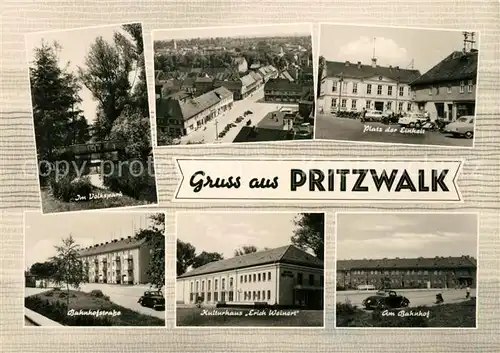 AK / Ansichtskarte Pritzwalk Volkspark Platz de Einheit Bahnhof Kulturhaus Erich Weinert Bahnhofstrasse Pritzwalk