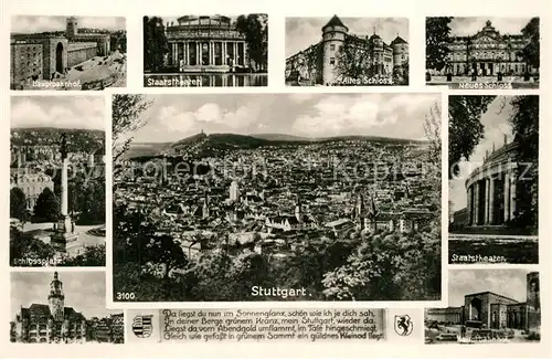 AK / Ansichtskarte Stuttgart Bahnhof Theater Schloss Schlossplatz Jubilaeumssaeule Rathaus Bahnhof Stadtpanorama Stuttgart
