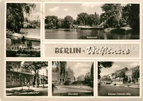 AK / Ansichtskarte Weissensee_Berlin Badeanstalt am Weissen See HO Gaststaette Mazurka Schule Klement Gottwald Allee Weissensee Berlin