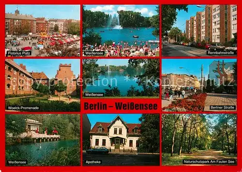 AK / Ansichtskarte Weissensee_Berlin Pistorius Platz Weisser See Rennbahnstrasse Berliner Strasse Woelck Promenade Apotheke Naturschutzpark Am Faulen See Weissensee Berlin