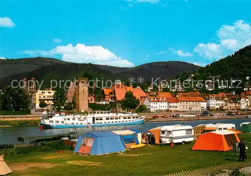 AK / Ansichtskarte Eberbach_Baden Campingplatz am Neckar Fahrgastschiff Blick zur Stadt Eberbach_Baden