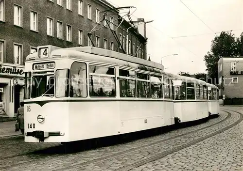 AK / Ansichtskarte Strassenbahn Serie 80 Jahre Strassenbahn Brandenburg Nr 19 Tw 140 mit Bw 242 und 221 am Puschkinplatz 