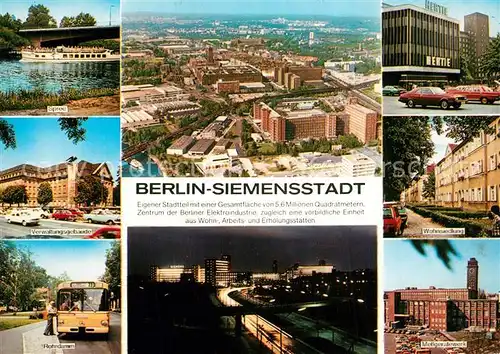 AK / Ansichtskarte Siemensstadt Fliegeraufnahme Spree Siemens Verwaltungsgebaeude Rohrdamm Bushaltestelle Wohnsiedlung Hertie Kaufhaus Industriewerk Nachtaufnahme Siemensstadt