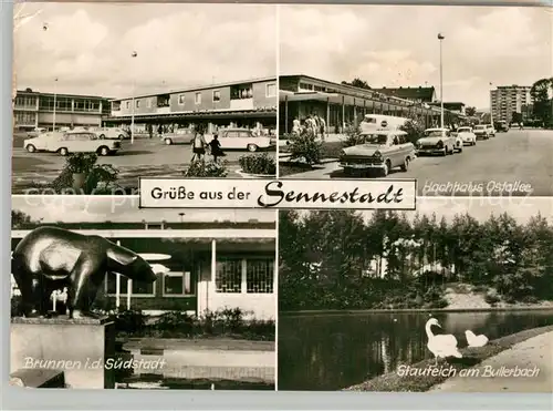 AK / Ansichtskarte Sennestadt Hochhaus Ostallee Stauteich am Bullerbach Schwaene Brunnen Bronzefigur Sennestadt