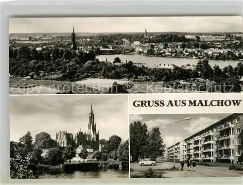 AK / Ansichtskarte Malchow Panorama Stadtkirche Wohnblocks Malchow