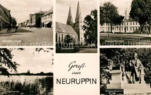 AK / Ansichtskarte Neuruppin Karl Marx Strasse Klosterkirche Fontane Oberschule Denkmal Ruppiner See Neuruppin