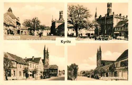 AK / Ansichtskarte Kyritz_Brandenburg Platz der Einheit Rathaus Sebastian Bach Strasse Kirche Kyritz Brandenburg