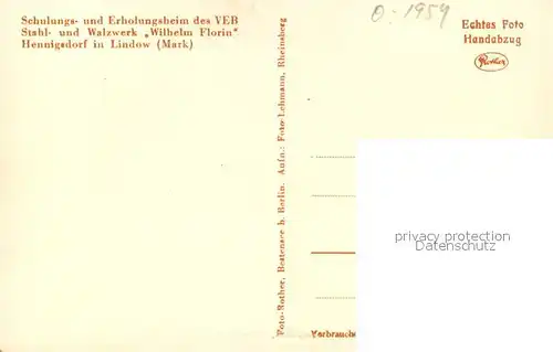 AK / Ansichtskarte Lindow_Mark Schulungs  und Erholungsheim des VEB Stahl  und Walzwerk Wilhelm Florin Henningsdorf Handabzug Lindow Mark