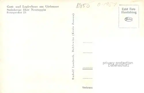 AK / Ansichtskarte Steinberge Gasthaus Logierhaus am Giehmsee Handabzug Steinberge