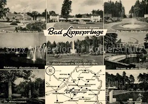 AK / Ansichtskarte Bad_Lippspringe Kurhaus Kurpark Eingang Kaiser Karls Park Leuchtfontaene Lippe Quelle Arminiuspark Thermalbad Bad_Lippspringe