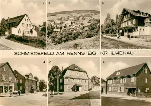 AK / Ansichtskarte Schmiedefeld_Rennsteig Hotel Schoene Aussicht Teilansicht Filmbuehne HOG Henne Hotel Thueringer Hof Gasthaus Thueringer Wald Schmiedefeld_Rennsteig