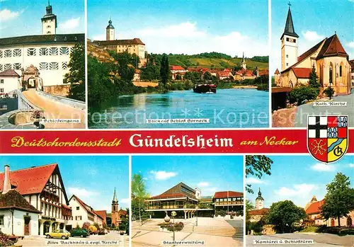 AK / Ansichtskarte Gundelsheim_Neckar Schlosseingang Schloss Borneck Kath Kirche Altes Backhaus Stadtverwaltung Komturei Schlossturm Gundelsheim Neckar