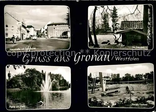 AK / Ansichtskarte Gronau_Westfalen Neustrasse Tierpark Parkpartie Fontaene Neues Freibad Gronau_Westfalen