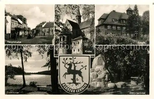 AK / Ansichtskarte Lehnin Hauptstrasse Gohlitzsee Kirche Schule Alexisdenkmal Wappen Lehnin
