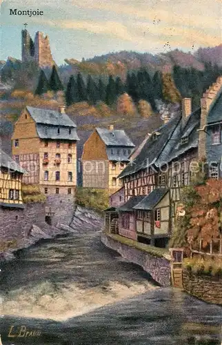 AK / Ansichtskarte Montjoie_Monschau Partie an der Rur mit Ruine Halle Kuenstlerkarte Montjoie Monschau