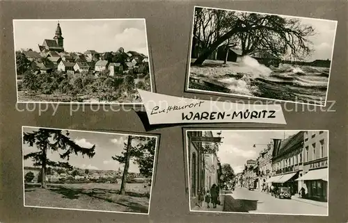 AK / Ansichtskarte Waren_Mueritz Ortsansicht mit Kirche Landschaftspanorama Uferpartie an der Mueritz Mecklenburgische Seenplatte Handabzug Waren Mueritz