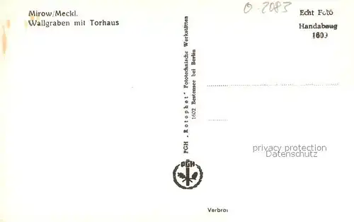 AK / Ansichtskarte Mirow Wallgraben mit Torhaus Handabzug Mirow