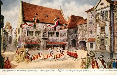 AK / Ansichtskarte Regensburg Cafe Restaurant Fuerstenberg Wandgemaelde Auffahrt zum Regensburger Reichstag 1711 Regensburg
