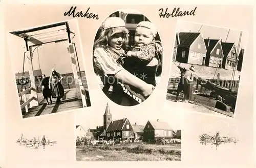 AK / Ansichtskarte Marken_Niederlande Trachten Hafen Kirche Hebebruecke Marken_Niederlande