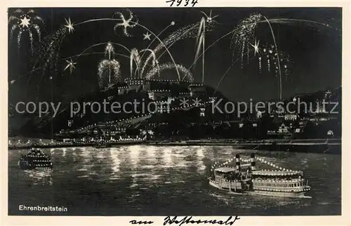 AK / Ansichtskarte Ehrenbreitstein Blick ueber den Rhein zur Festung Dampfer Feuerwerk Ehrenbreitstein