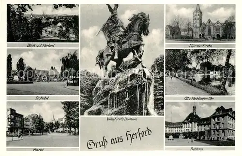 AK / Ansichtskarte Herford Stadtpanorama Bahnhof Markt Wittekind Denkmal Kirche Otto Weddingen Ufer Rathaus Herford