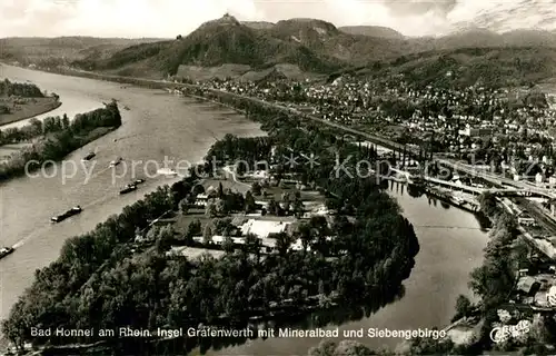 AK / Ansichtskarte Bad_Honnef Insel Grafenwerth mit Mineralbad Siebengebirge Fliegeraufnahme Bad_Honnef