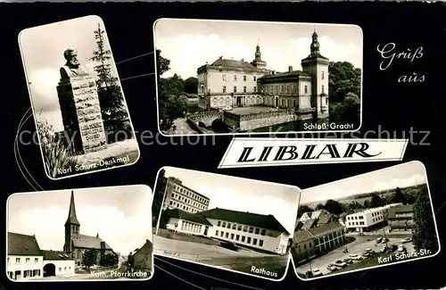 AK / Ansichtskarte Liblar Karl Schurz Denkmal Bueste Schloss Gracht Kirche Rathaus Karl Schurz Strasse Liblar