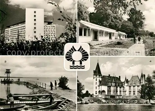 AK / Ansichtskarte Klink_Waren FDGB Urlaubersiedlung Voelkerfreundschaft Erholungsheim Bungalows Mole Schloss Badestrand Mueritz Mecklenburgische Seenplatte Klink Waren