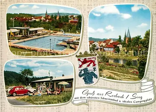 AK / Ansichtskarte Rosbach_Sieg Schwimmbad Campingplatz Uferpartie am Fluss Wappen Rosbach Sieg