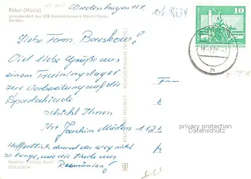 AK / Ansichtskarte Roebel_Mueritz Urlauberdorf des VEB Steinkohlenwerk Martin Hoop Zwickau Steg Strand Mueritz Mecklenburgische Seenplatte Roebel Mueritz