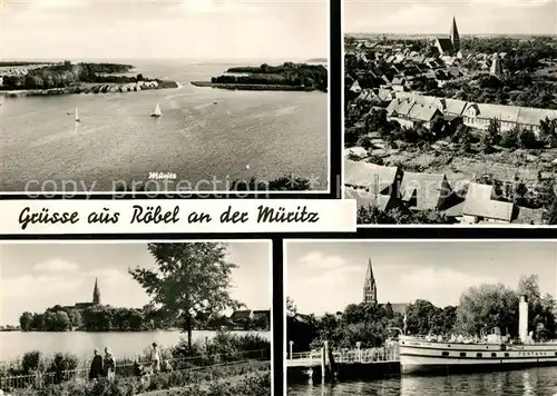 AK / Ansichtskarte Roebel_Mueritz Panorama Mecklenburgische Seenplatte Anleger Fahrgastschiff Ortsmotive mit Kirche Roebel Mueritz