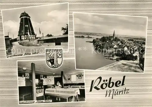 AK / Ansichtskarte Roebel_Mueritz Jugendherberge Philipp Mueller Stadtpanorama mit Blick auf die Mueritz Mecklenburgische Seenplatte Roebel Mueritz