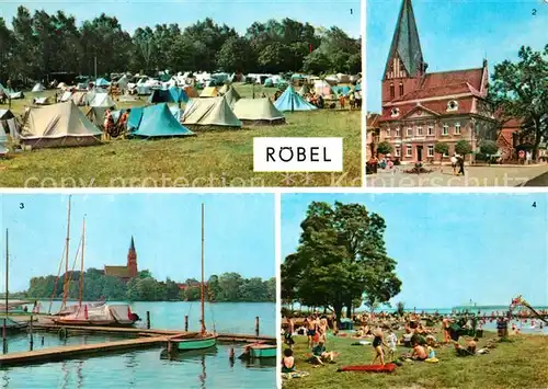 AK / Ansichtskarte Roebel_Mueritz Zeltplatz Rathaus Badeanstalt Mueritz Bootssteg Mecklenburgische Seenplatte Roebel Mueritz