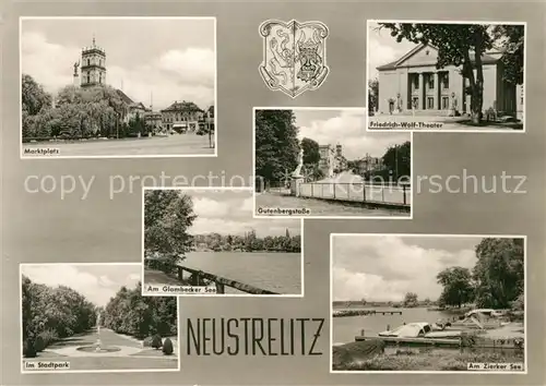 AK / Ansichtskarte Neustrelitz Marktplatz Stadtpark Glambecker See Gutenbergstrasse Friedrich Wolf Theater Zierker See Mecklenburgische Seenplatte Neustrelitz