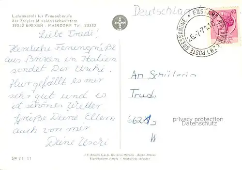 AK / Ansichtskarte Brixen_Suedtirol Lehreranstalt fuer Frauenberufe Steyler Missionsschwestern Brixen Suedtirol