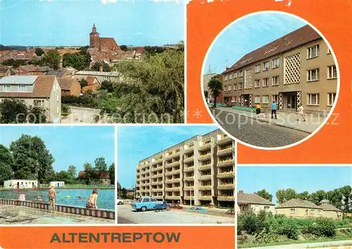 AK / Ansichtskarte Altentreptow Teilansicht mit Kirche Poliklinik Freibad Friedensstrasse Siedlung Altentreptow