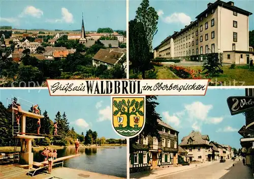 AK / Ansichtskarte Waldbroel Stadtbild mit Kirche Krankenhaus Strassenpartie Freibad Waldbroel
